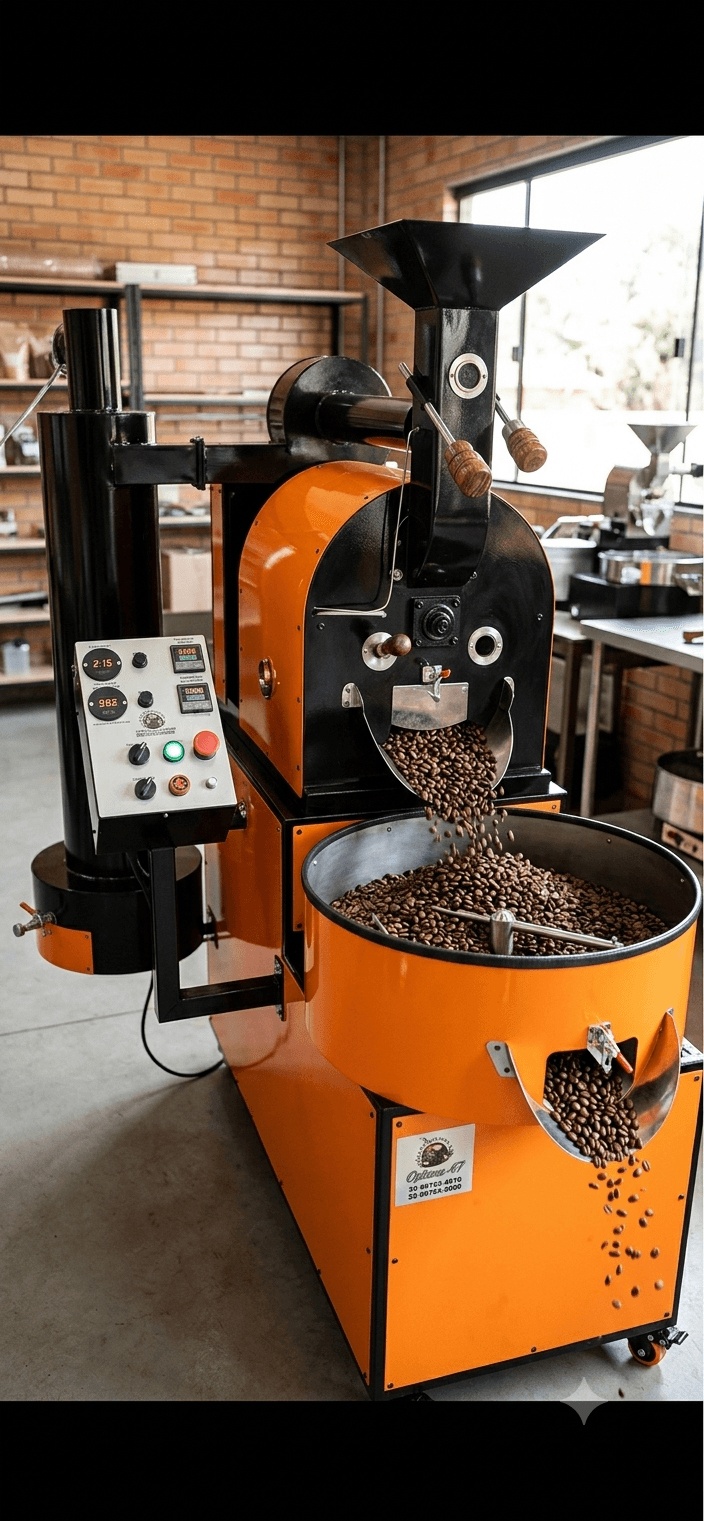 Torrador de café Oficina 47 despejando grãos recém-torrados